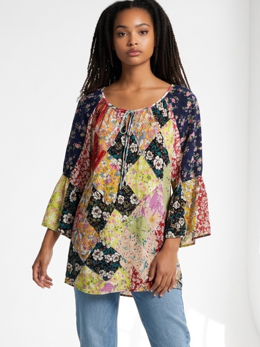 Patchwork Floral Tunic Top - Multicolor